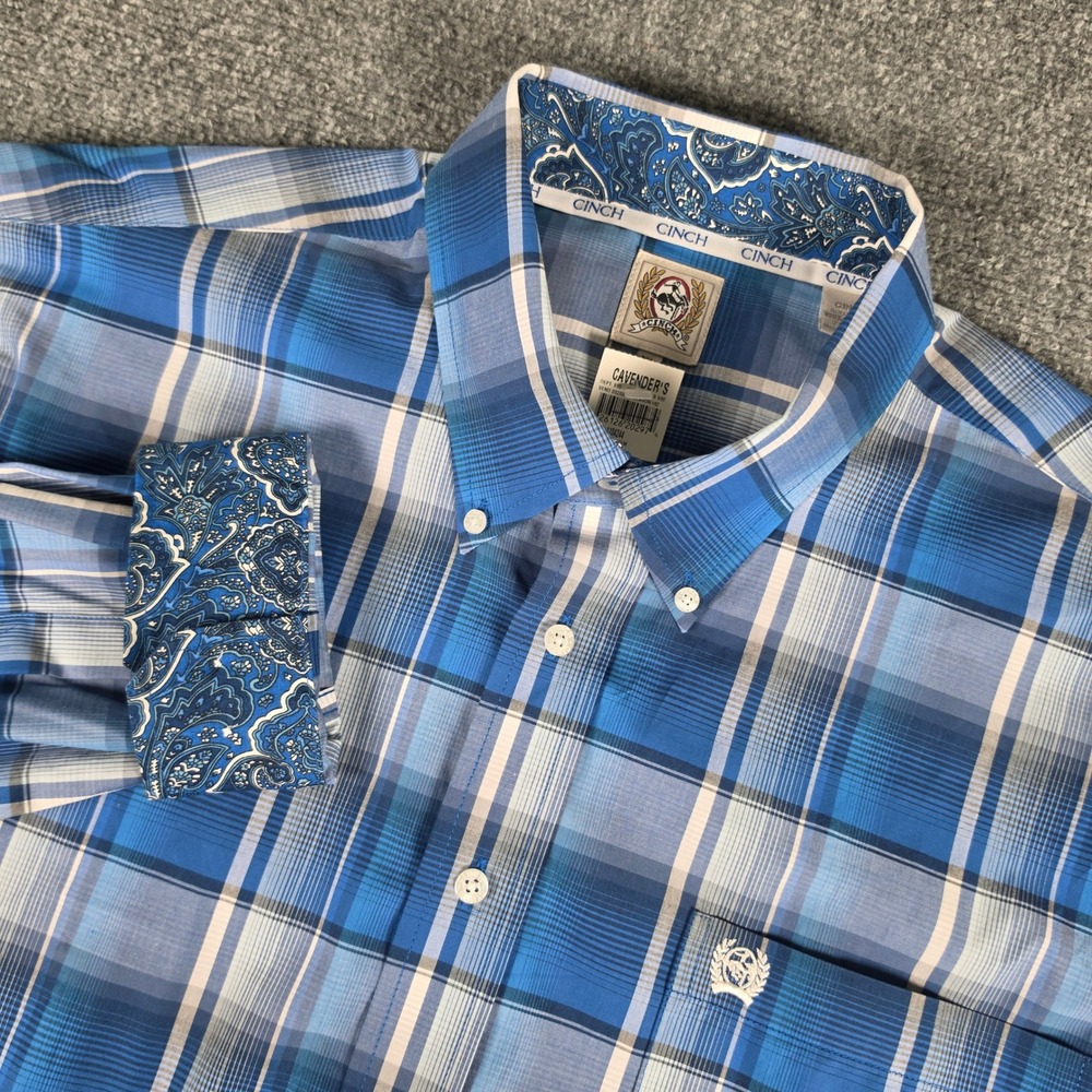 Cinch Button Down Shirt Mens XL Blue Plaid Western Paisley Cuff Long Sleeve NWT